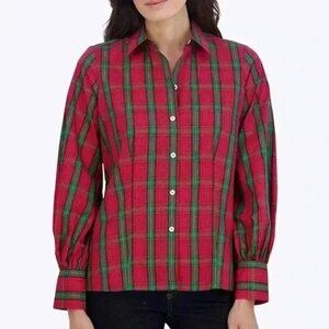 Foxcroft Joyce Tartan Plaid Metallic Holiday Blouse Size 6P In Red Multi NWT